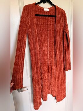 Open-Front Longline Ribbed Cardigan - Rust